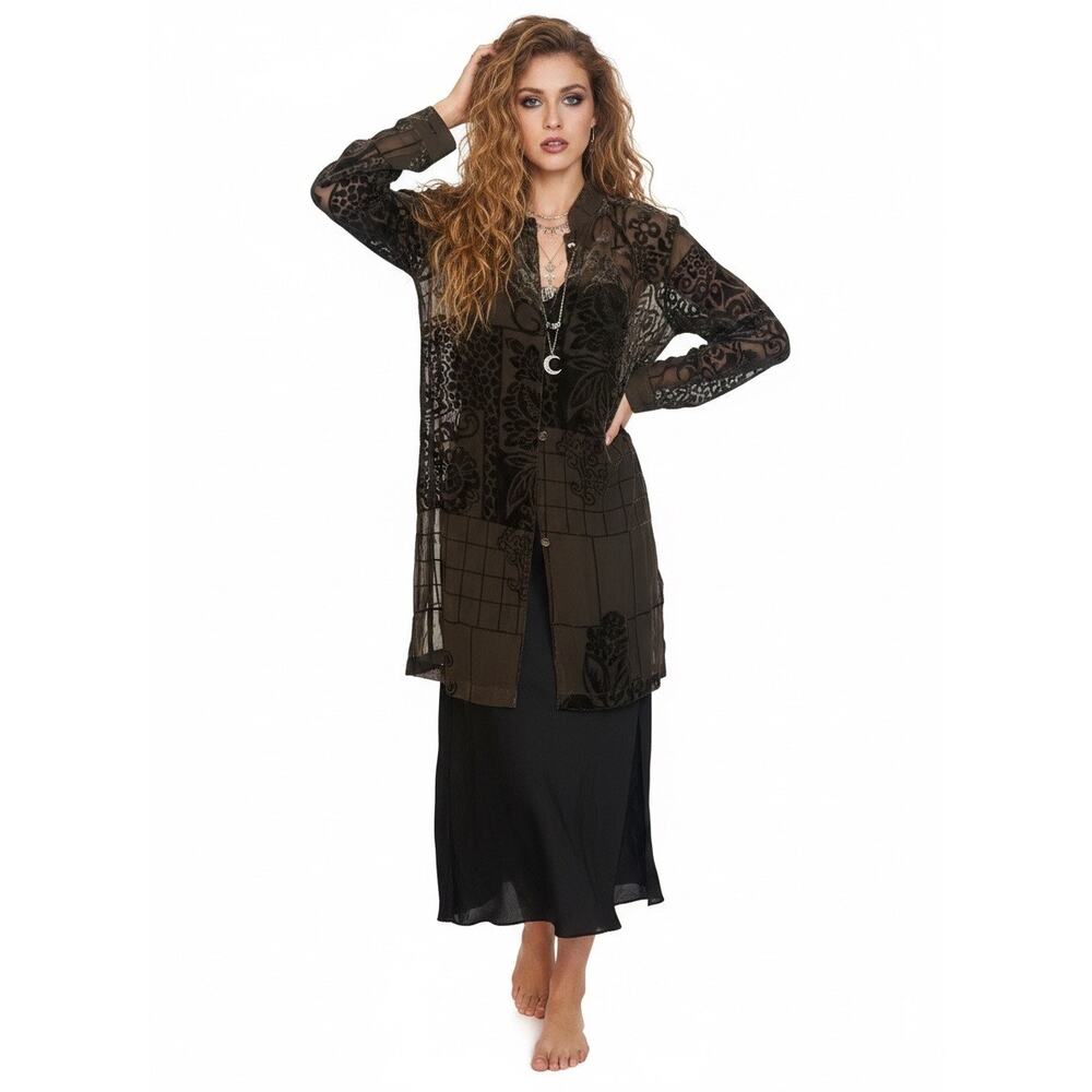 Coldwater Creek Burnout Velvet Duster Blouse Sheer Mocha Floral Y2K - Picture 12 of 15